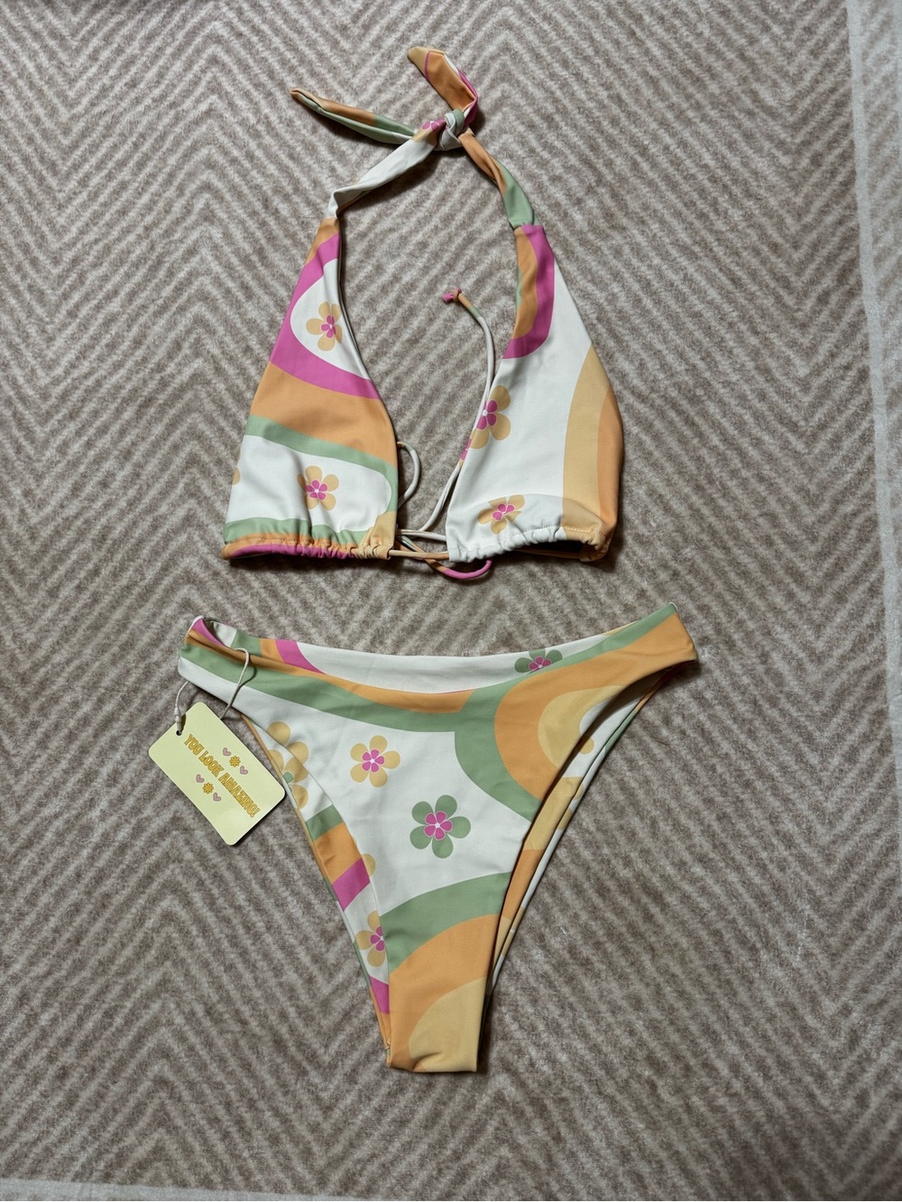 Retro Floral Halter Bikini Top & Bottom in Yellow, Green & Pink